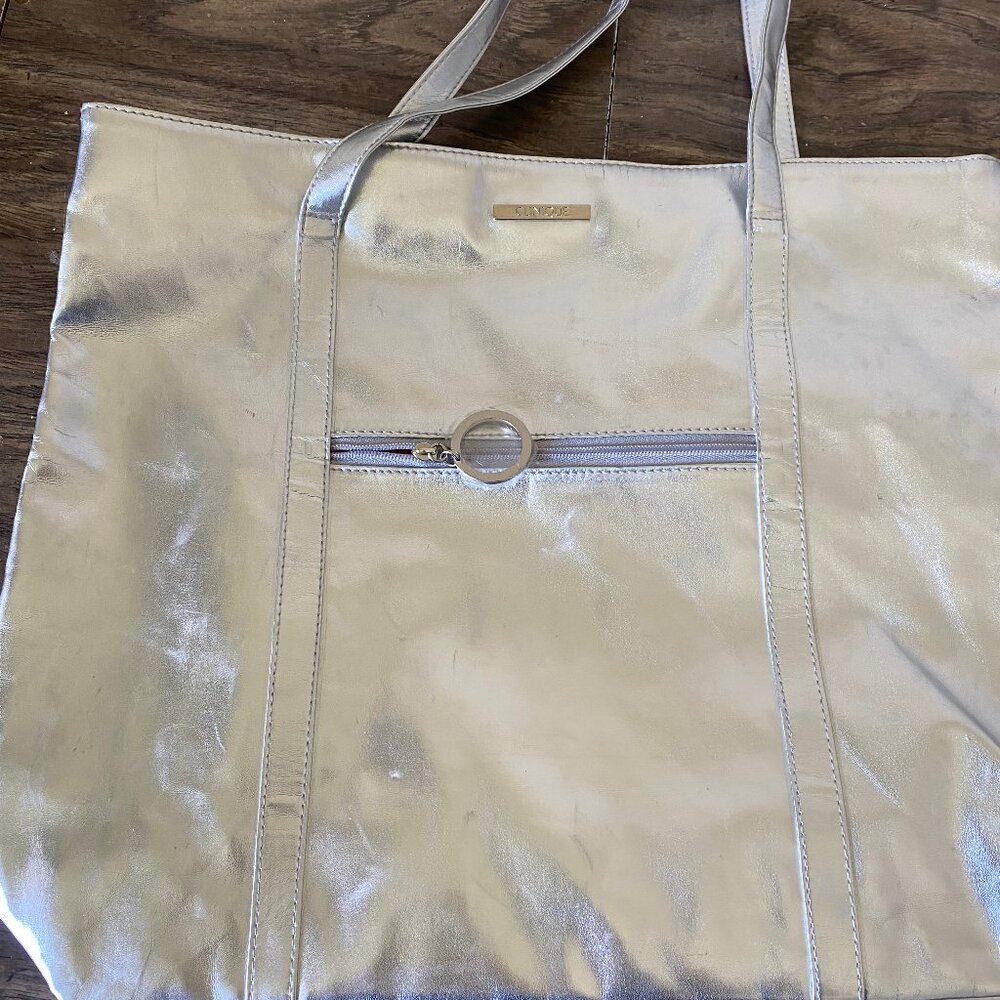 CLINIQUE Large Shoulder Shopping Bag Metallic Silver Outer, Pink Inner 17" x 14"